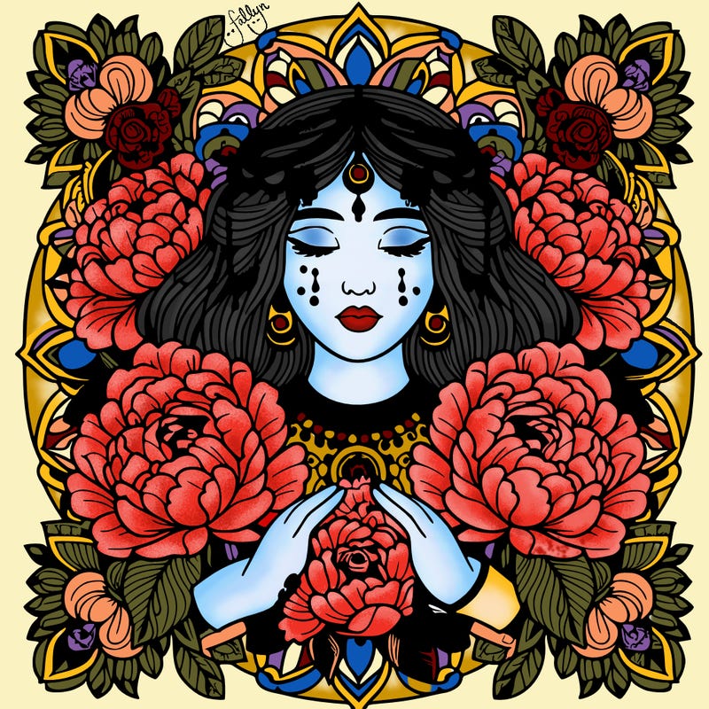 complex mandala indian woman with peonies and roses