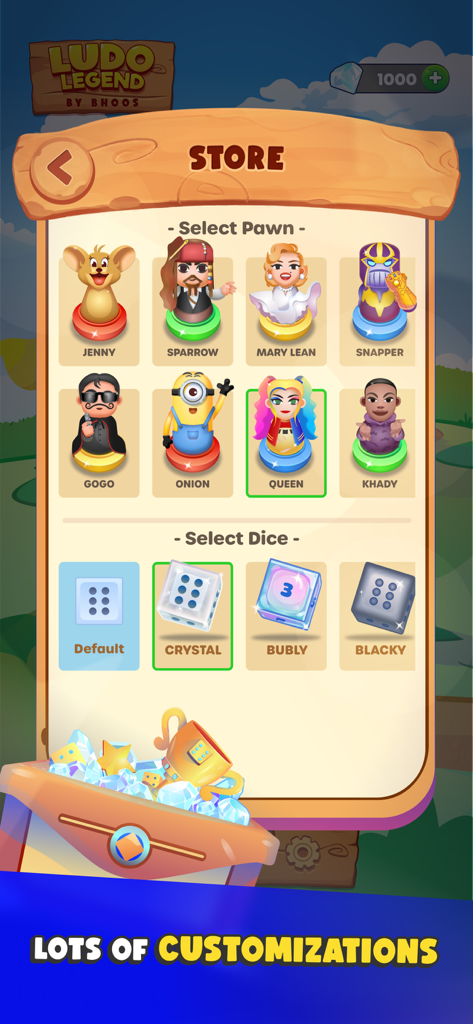 Ludo Legend by Bhoos - Pantalla de la tienda en Ludo Legend que muestra opciones de personalización de peones de personajes y dados