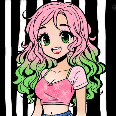 manga girl with crop top and long curly hair with smile