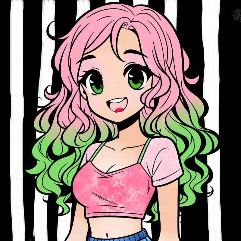 manga girl with crop top and long curly hair with smile