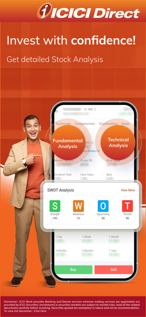 A man pointing at a smartphone displaying the ICICI Direct app's stock analysis tools including SWOT and technical analysis