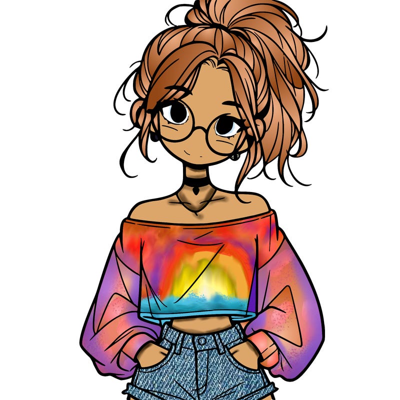 girl with a messy ponytail glasses a baggy crop top and jean shorts