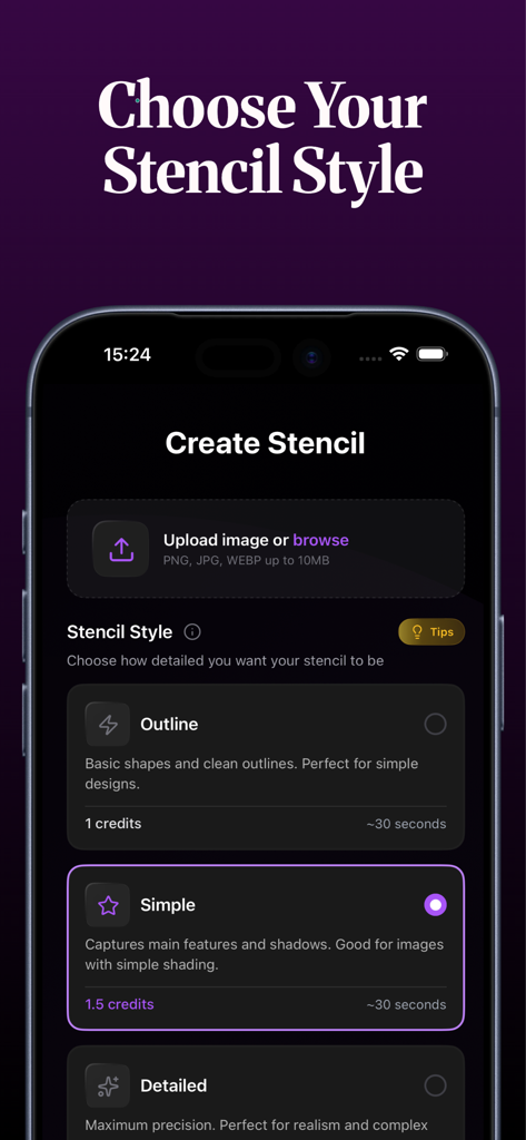 Stencil AI - Tattoo Stencils - Stencil AI app screen showing tattoo stencil style options including Outline Simple and Detailed