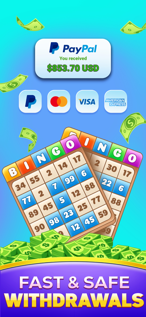 Bingo For Real Money, Win Cash - Captura de pantalla del juego de bingo que muestra retiros rápidos y seguros a través de PayPal y tarjetas de crédito