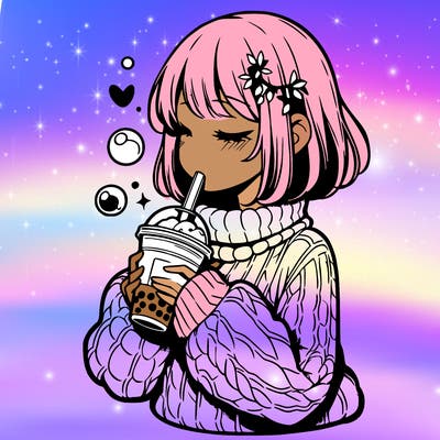manga girl drinking boba in cozy sweater