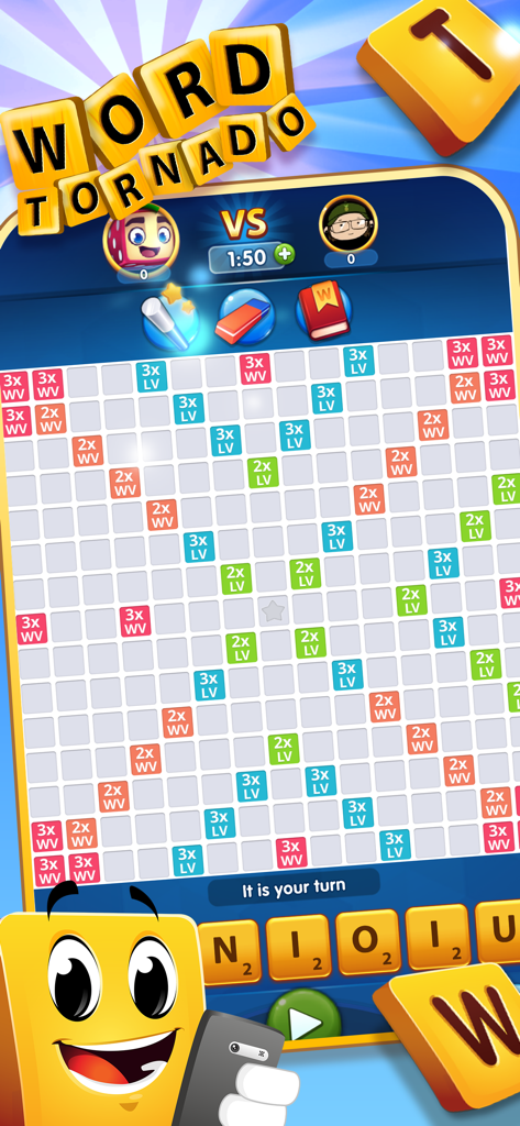 Wordtornado - Wordtornado multiplayer game screen with a letter tile board and player avatars