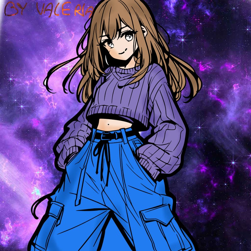 anime teen girl with baggy pants and crop top with sweater