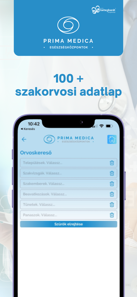 PrimaMedica App - Doctor search interface in the PrimaMedica app with filters for location and medical specialties