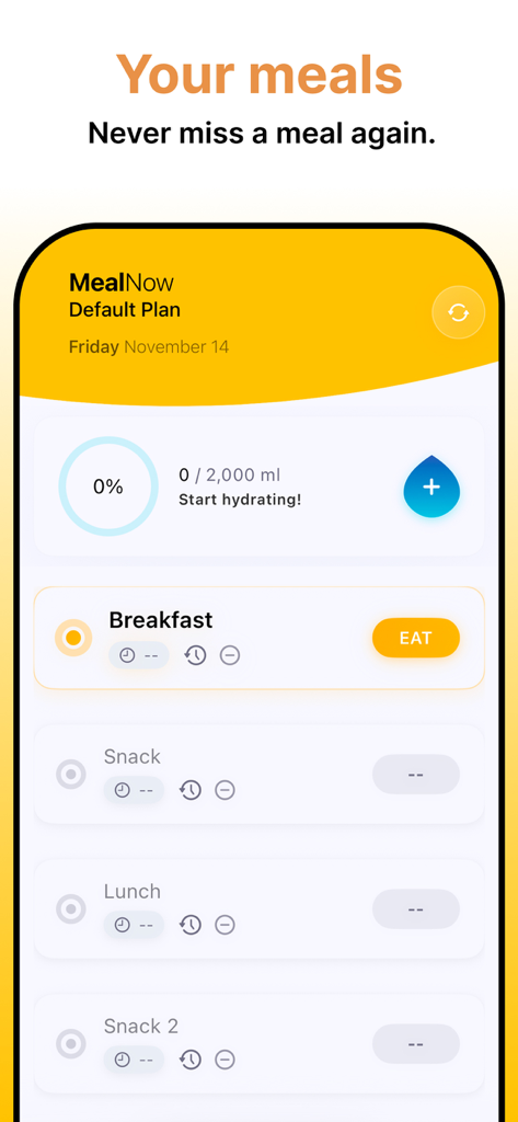 Meal Reminder - MealNow - MealNow app dashboard showing a hydration tracker and a daily meal schedule with breakfast, lunch, and snacks.