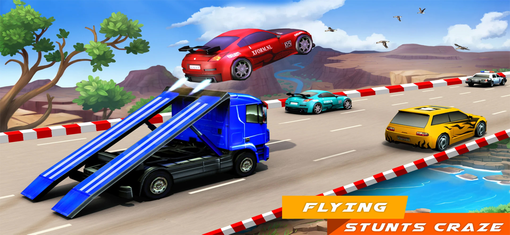 Mini Car Racing Game Offline - A red sports car performing a flying stunt jump from a blue truck ramp on a mountain highway in a mini car racing game