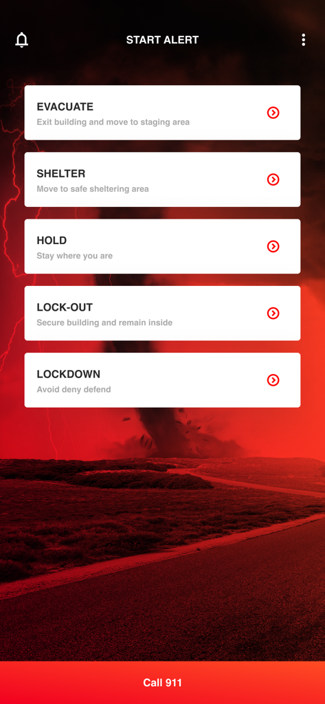 Oberfläche von TAP App Sicherheit, die Notfalloptionsmöglichkeiten wie Evakuierung und Lockdown zeigt.