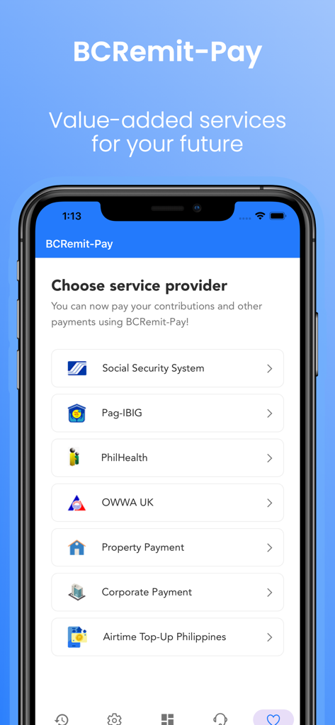 BCRemit - BCRemit-Pay App-Bildschirm, der philippinische Dienstleister für SSS-, Pag-IBIG- und PhilHealth-Beiträge anzeigt
