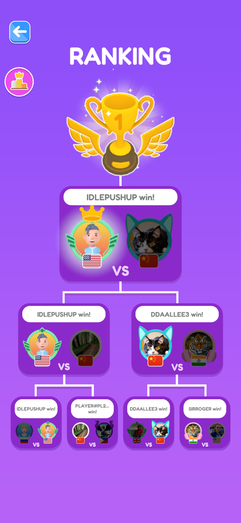 A tournament bracket screen in Idle Push Up showing global player rankings and a first place golden trophy.