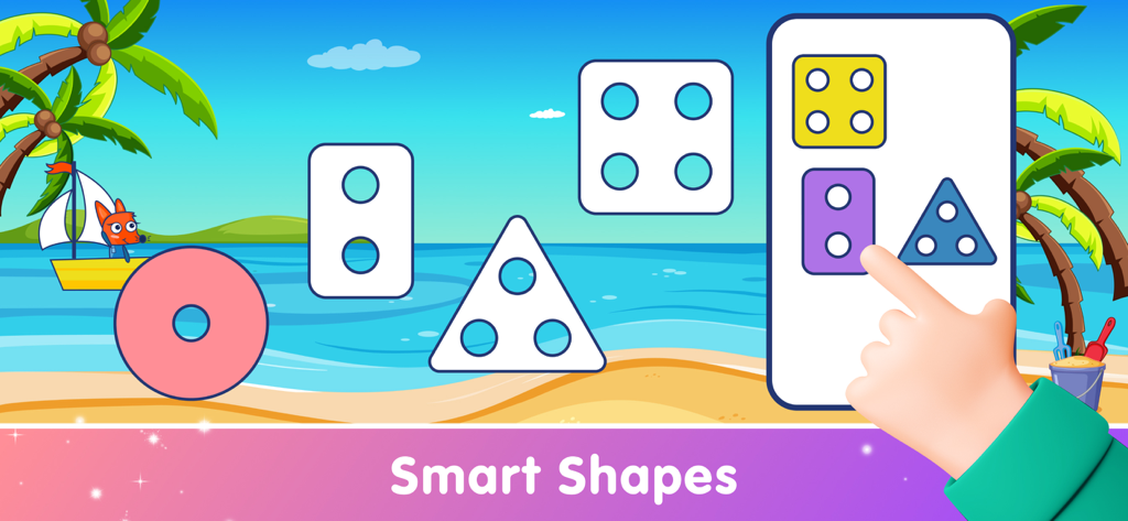Games for Kids 2 5 Years Old - Toddler learning game screen showing a shape matching activity with a colorful beach background