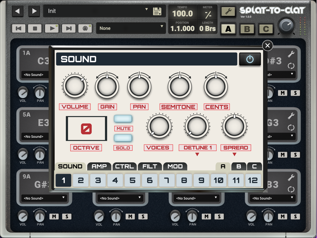 Splat-to-Clat - The sound editing interface in Splat-to-Clat showing knobs for volume, gain, pan, and tuning.