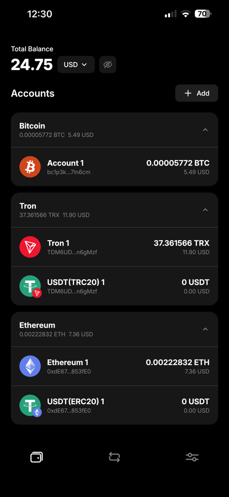Mycelium Wallet - Mycelium Wallet accounts screen showing Bitcoin Tron and Ethereum balances