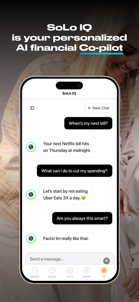SoLo IQ AI financial co-pilot chat interface showing personalized budgeting and bill tracking advice