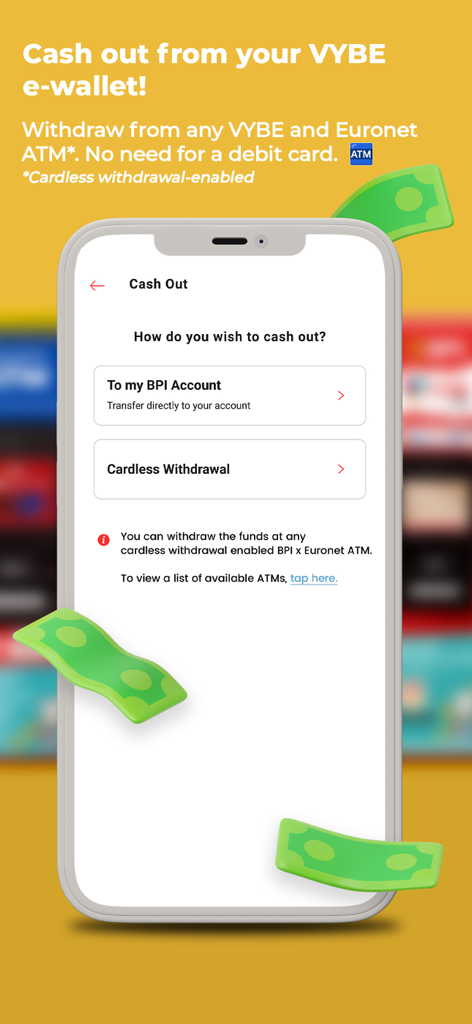VYBE by BPI app screen showing cash out options including cardless withdrawal and transfer to BPI account