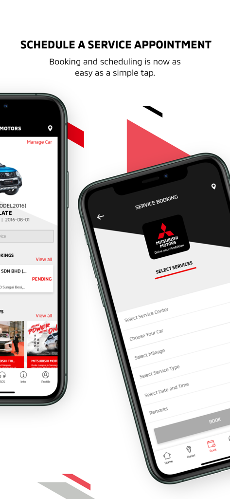 Interface pour planifier un rendez-vous de service automobile dans l'application Mitsubishi Connect