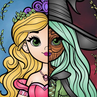 detailed realistic split of a princess and a witch