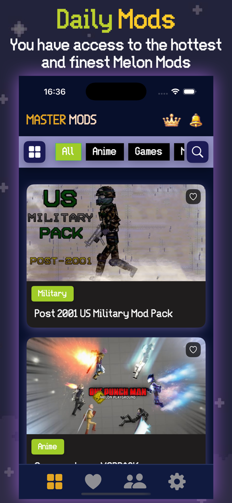 Mel Mods Skins For Ragdoll PG - A mobile app interface showing a collection of military and anime skins for Melon Sandbox.