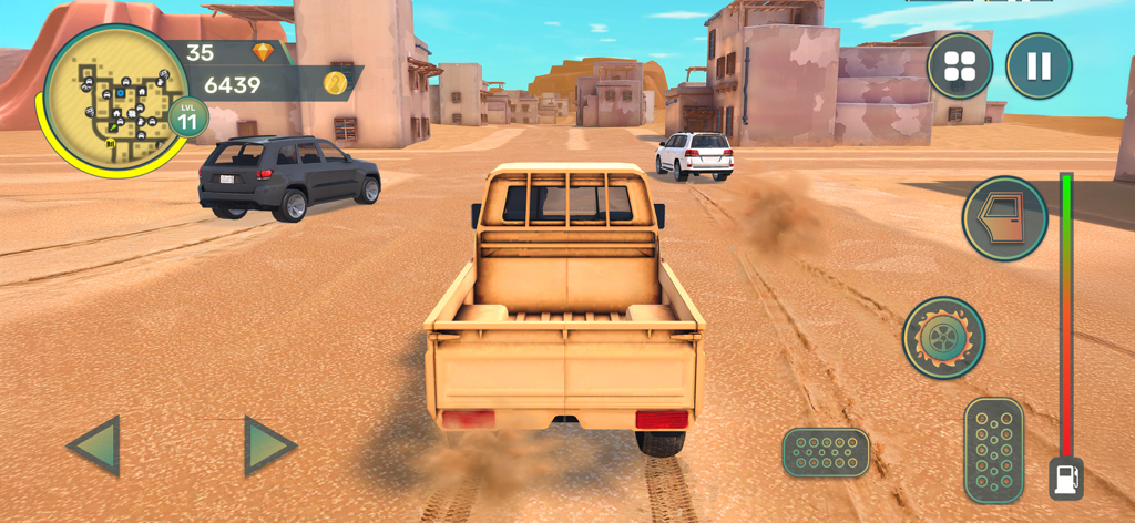 Amer: The Chase Hit and Run - モバイルゲームAmer The Chase Hit and Runの砂漠の村の環境を走行するピックアップトラック