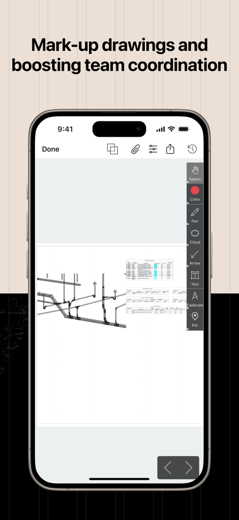 Procore - Procore mobile app interface showing a technical construction drawing with markup and coordination tools on an iPhone