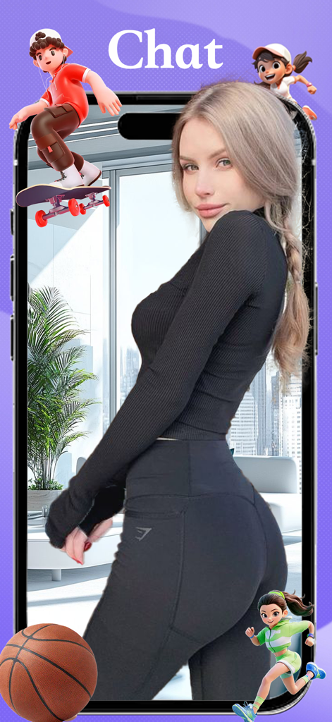 Jogy app live chat screen featuring a woman in athletic wear and sports themed graphics