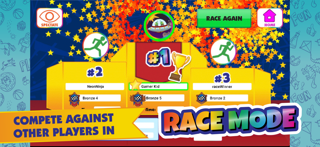 Leaderboard in Pixicade Race Mode showing player rankings and a first place trophy