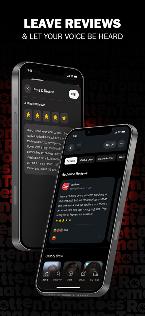 Telas de aplicativos móveis mostrando a interface de avaliação de filmes e críticas de público no Rotten Tomatoes