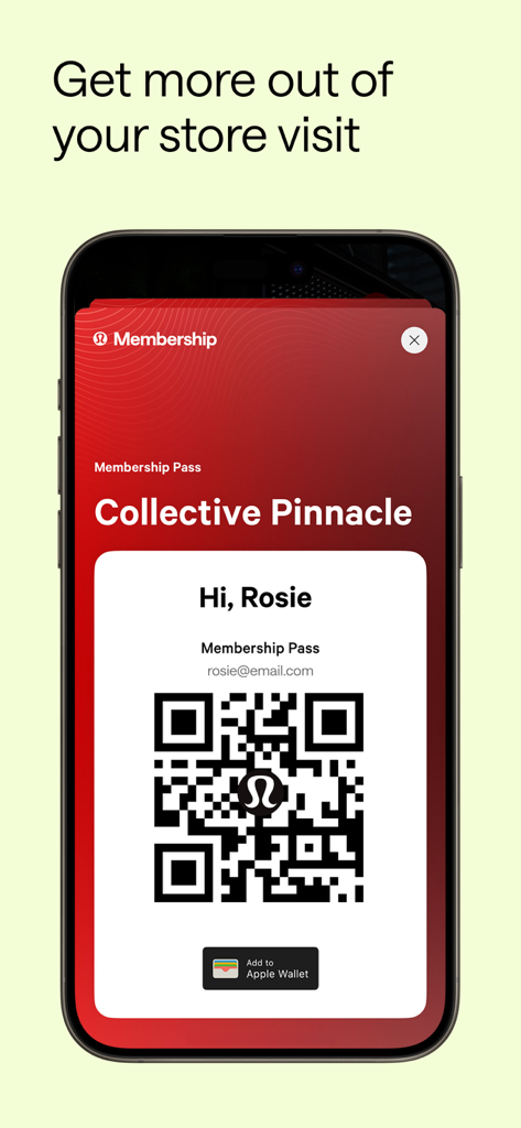 lululemon - A mobile screen showing the Lululemon membership pass with a QR code and an option to add to Apple Wallet.