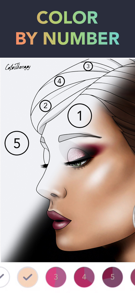 Color Therapy Coloring Number - A digital coloring page of a woman's face with numbered sections and a color palette at the bottom
