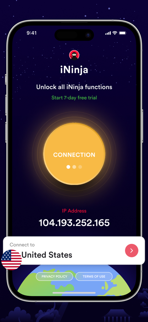 Interface do aplicativo iNinja VPN mostrando o botão de conexão e a seleção de servidor dos Estados Unidos