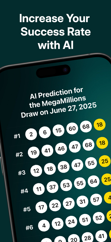 MegaMillions AI Predictor - A mobile app screen showing several rows of AI predicted lottery numbers for a MegaMillions draw