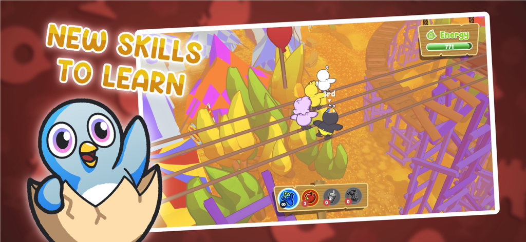 Duck Life 9: The Flock - Gameplay screenshot of ducks racing on tracks with the text New Skills to Learn.