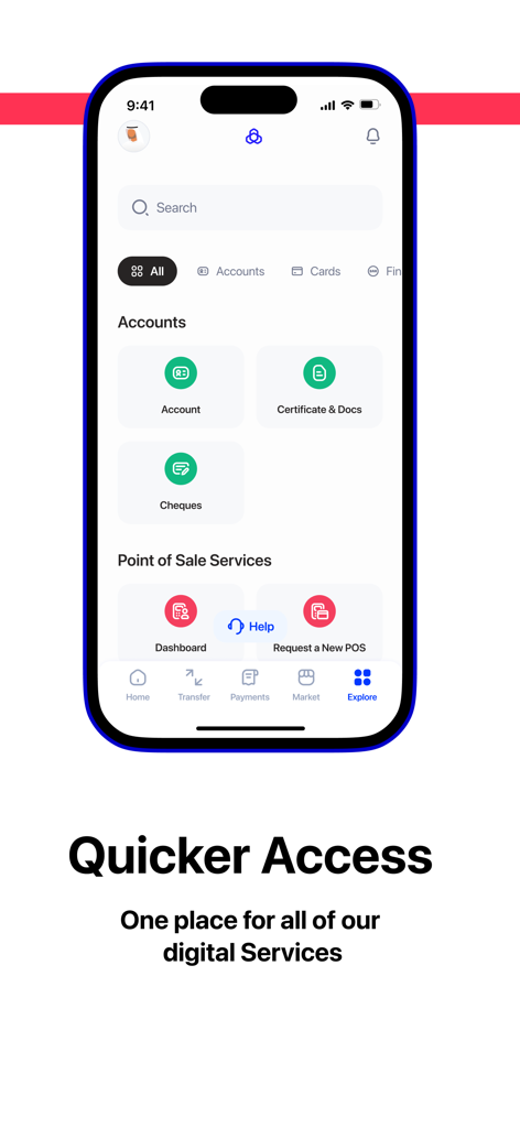 alrajhi bank business - 알라지 은행 비즈니스 앱 인터페이스, 계정 및 POS 도구를 포함한 디지털 서비스에 대한 빠른 액세스를 보여주는 탐색 화면 표시.