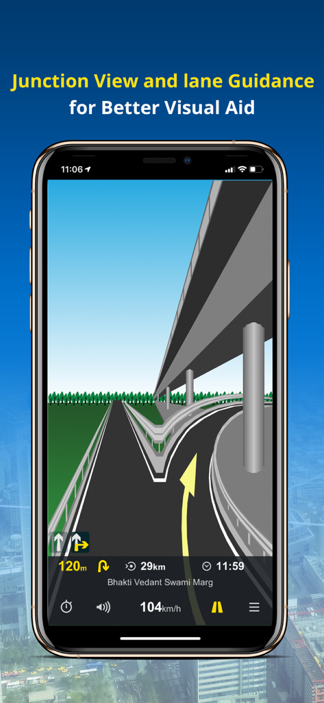 NaviMaps: 3D GPS Navigation - NaviMaps app interface showing 3D junction view and lane guidance at a highway split