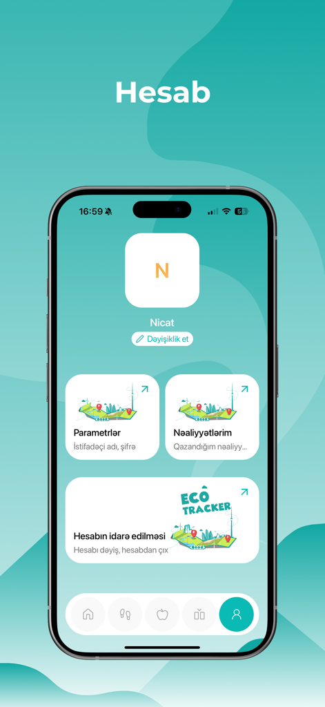 Ecotracker - Pantalla de cuenta de usuario de la aplicación Ecotracker que muestra la configuración del perfil y los logros.