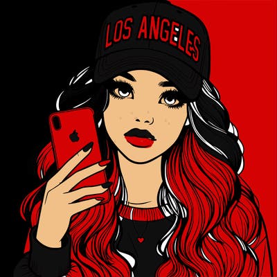 realistic beautiful girl wearing los ángeles cap holding an iphone