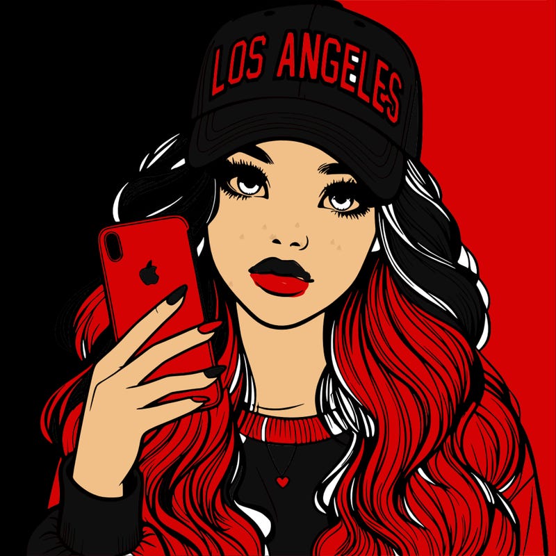 realistic beautiful girl wearing los ángeles cap holding an iphone