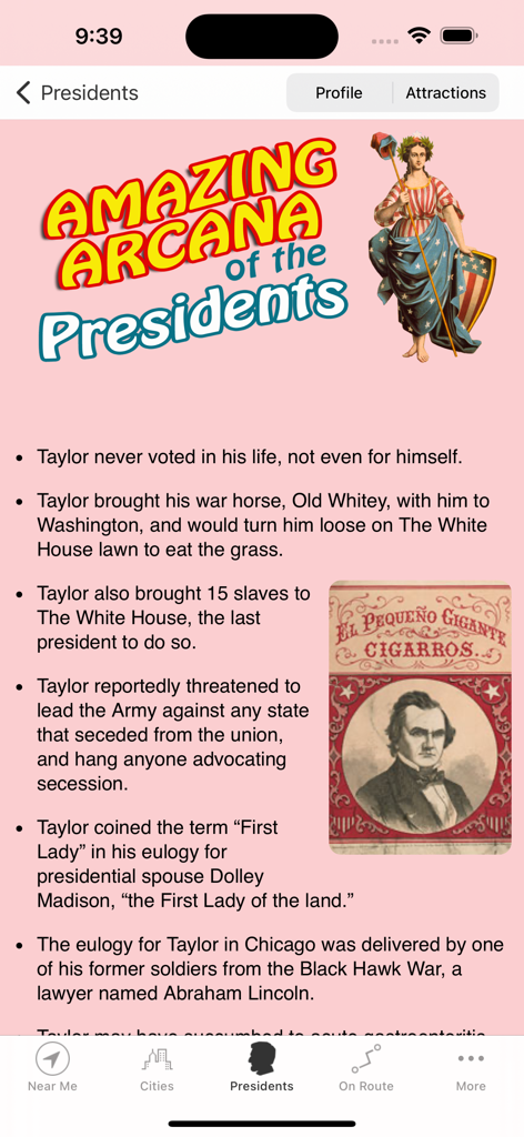 Roadside Presidents - Presidential trivia screen showing quirky facts about Zachary Taylor with a vintage portrait
