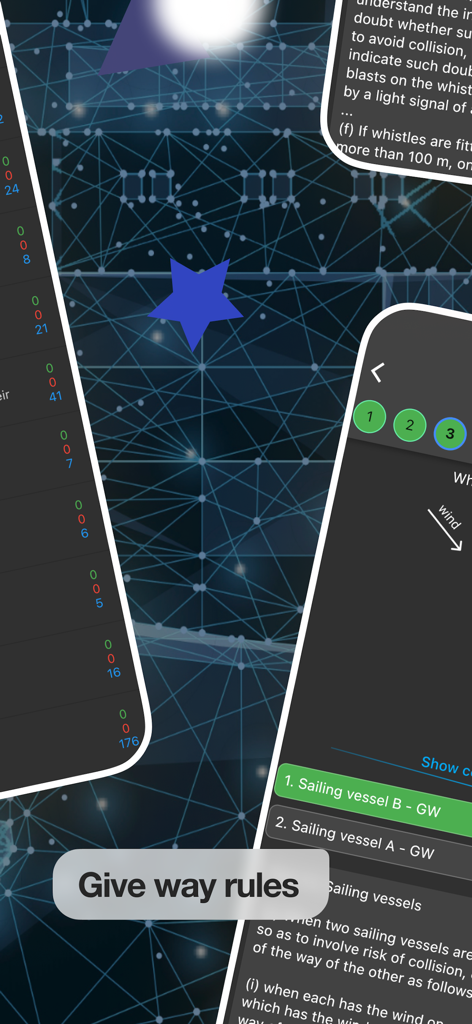 COLREG 72 app screenshot showing give way rules for sailing vessels
