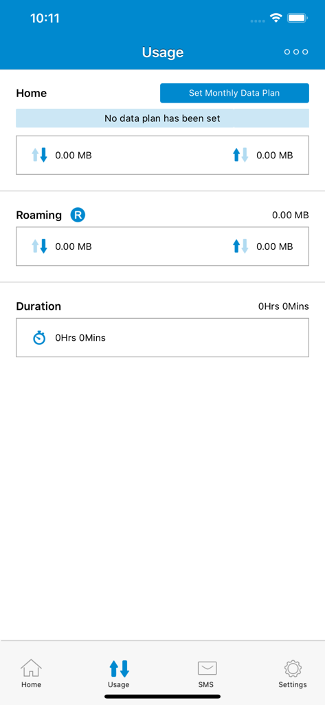 ALCATEL LINK APP - The usage tracking screen of the Alcatel Link app showing home and roaming data consumption