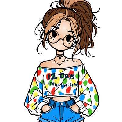 girl with a messy ponytail glasses a baggy crop top and jean shorts