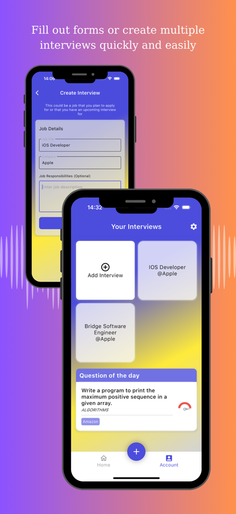 AI Interview Coach - Pantallas de la aplicación Entrenador de Entrevistas IA que muestran el panel con entrevistas guardadas para puestos tecnológicos y el formulario para crear una nueva entrevista simulada para un puesto de Desarrollador iOS en Apple.