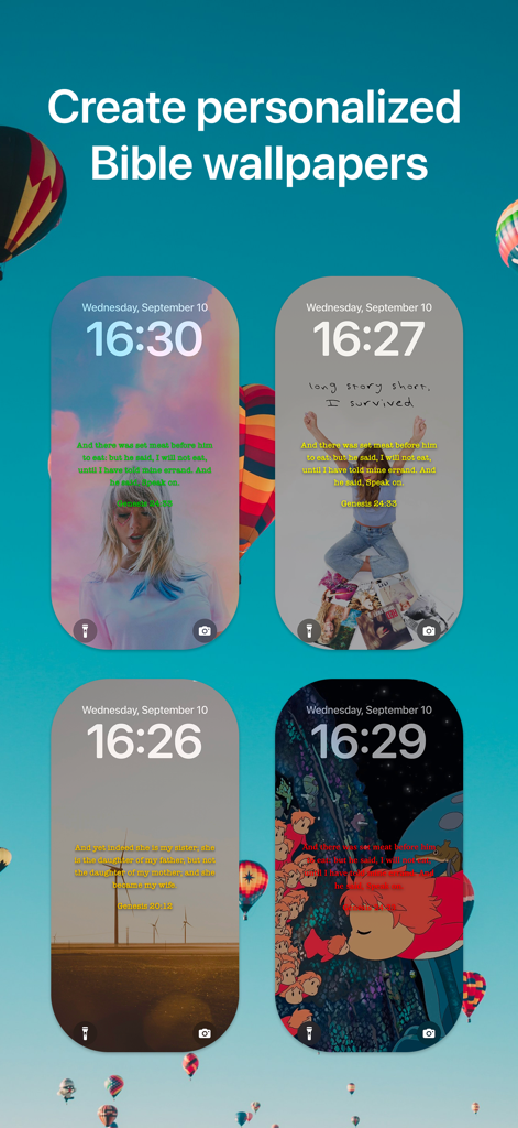 Bible Verse Lock Screen - Four examples of personalized Bible verse wallpapers on iPhone lock screens with different aesthetic backgrounds