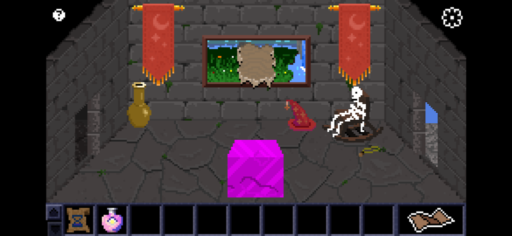Escape Lala 2 - Habitación de castillo de pixel art retro con un esqueleto y un misterioso cubo morado