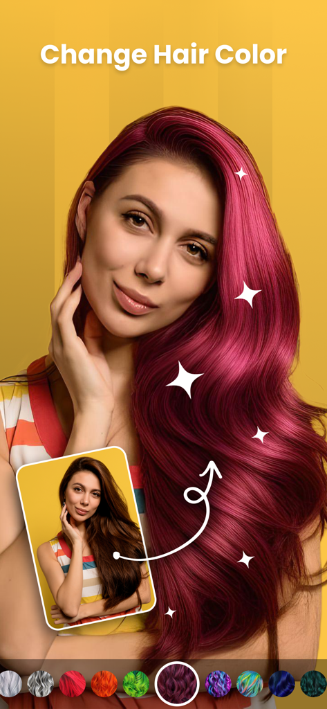 AI Bald Camera Photo Editor - Une femme démontrant la fonctionnalité de changement de couleur de cheveux dans l'application d'édition de photos, montrant une transformation de cheveux bruns à roses vifs