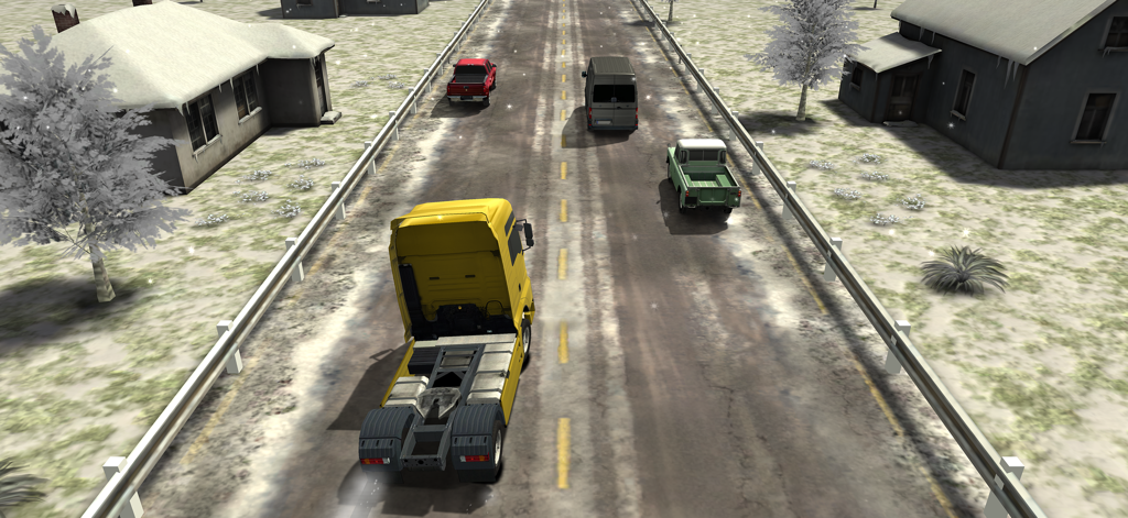 Traffic Racer - Traffic Racerで、雪のハイウェイを走る黄色いトラック。