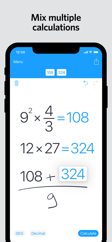 MyScript Calculator 2 app showing multiple handwritten math equations and results being mixed on an iPhone screen